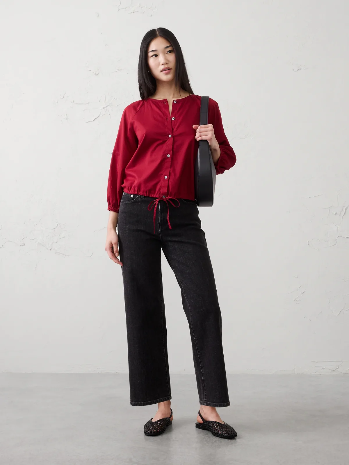 Voile Blouson-Sleeve Drawstring-Hem Top by Banana Republic