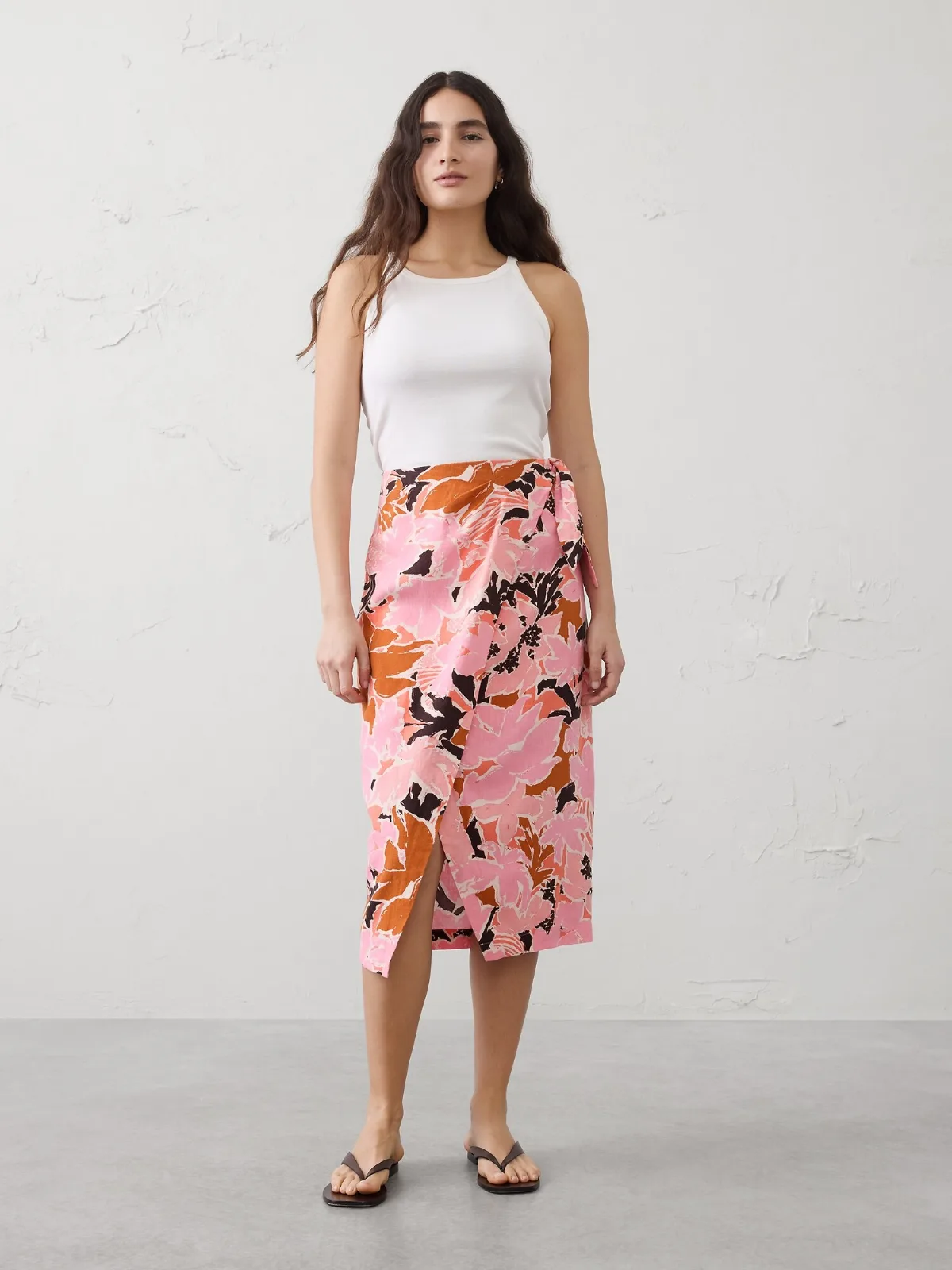 Linen-Blend Faux-Wrap Midi Skirt by Banana Republic