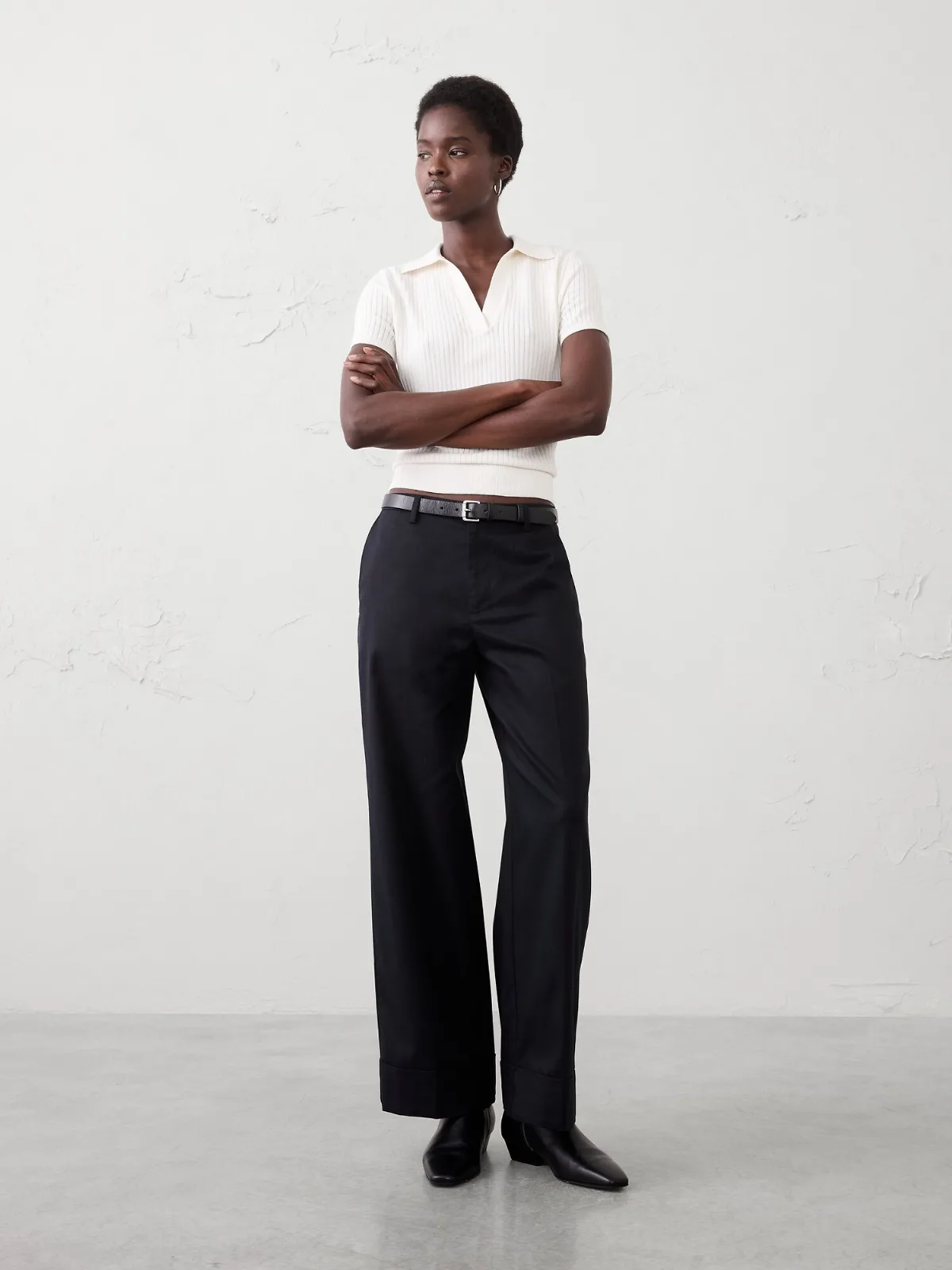 Wide-Leg Mid-Rise Drapey Twill Cuffed Pant