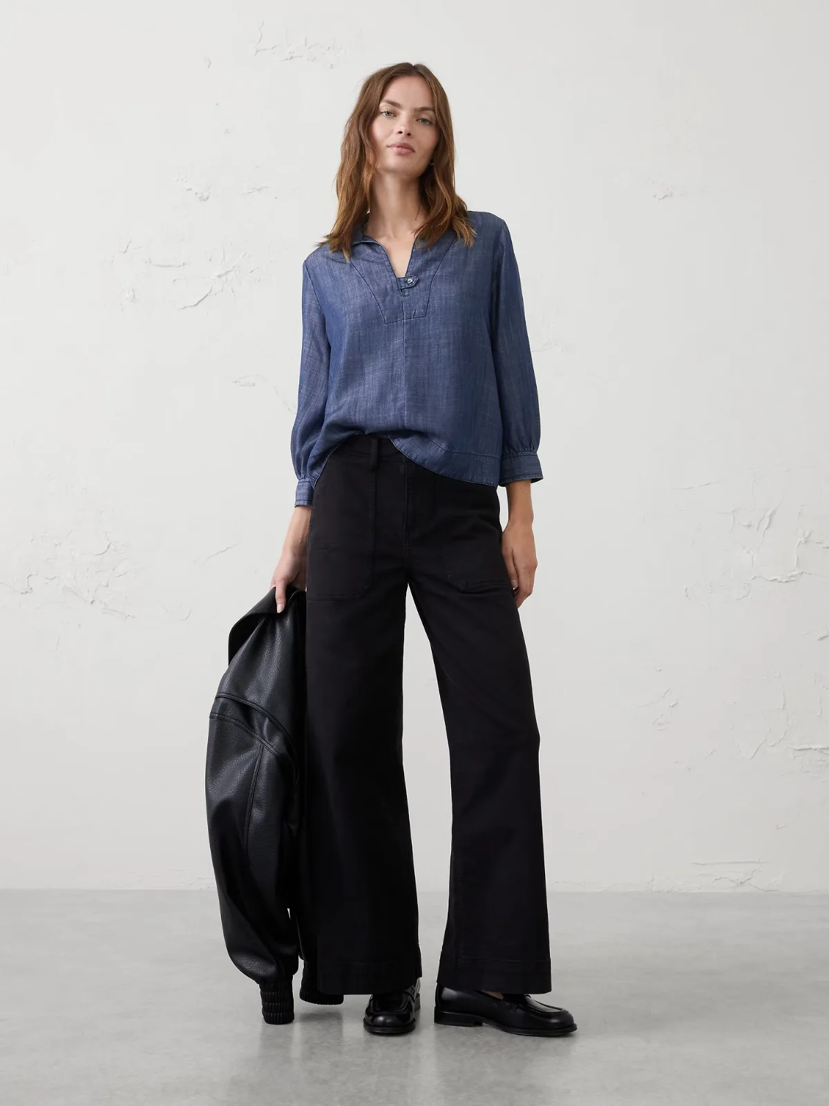 Denim Collared Tab Pullover Top by Banana Republic