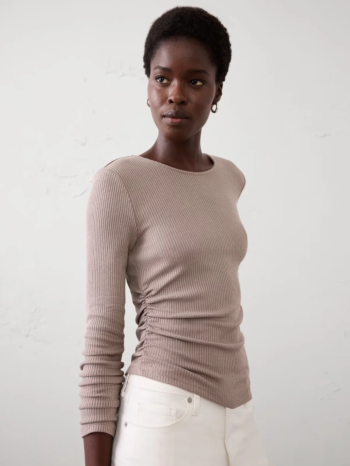 Soft Luxe Ribbed Shirred-Waist Top by Banana Republic