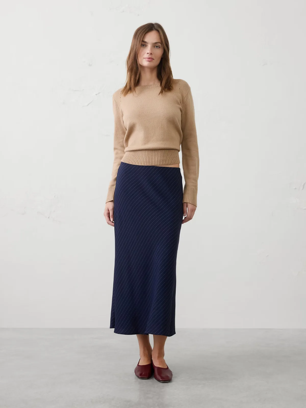 Crepe Pinstripe Pull-On Midi Skirt by Banana Republic