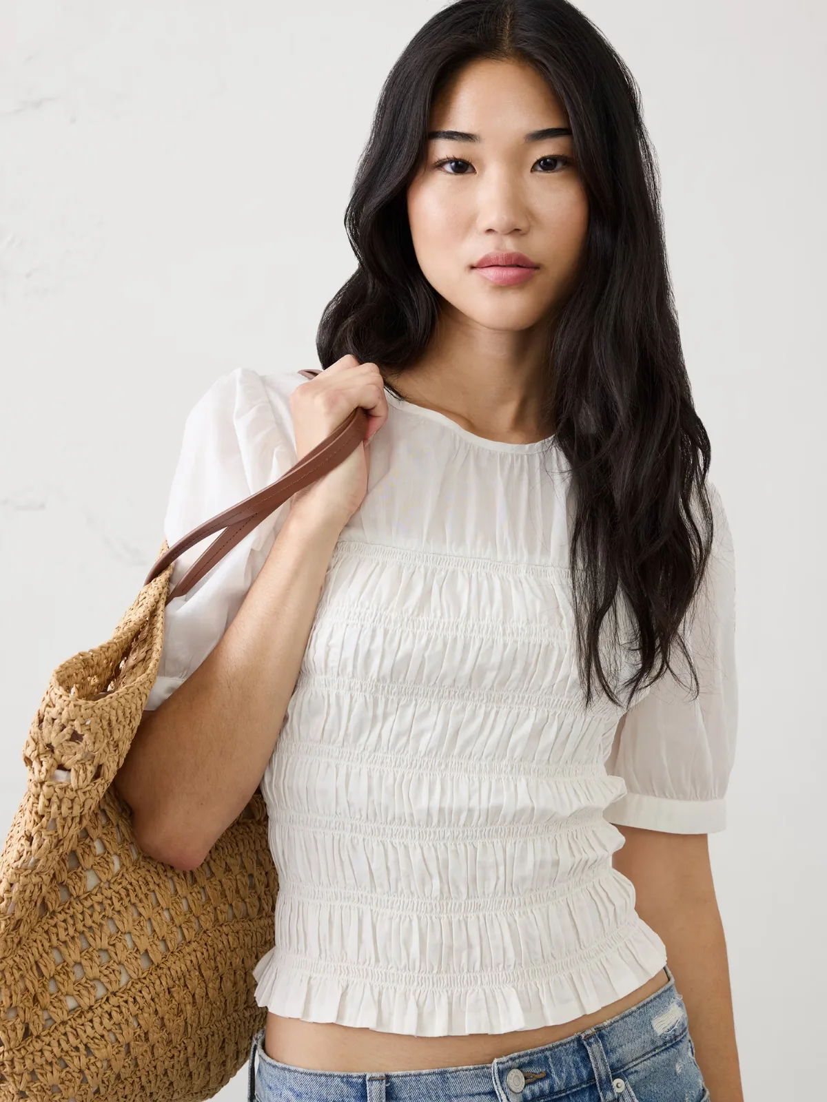 High-Neck Smocked Cropped Top by Banana Republic