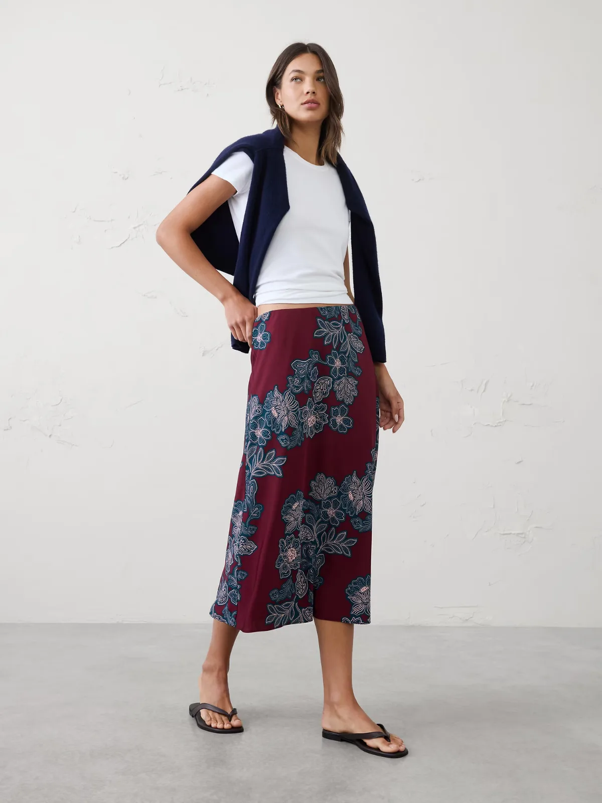 Sheen Twill Pull-On Midi Skirt