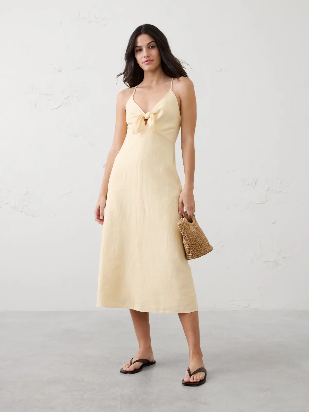 Linen-Blend Tie-Front Midi Dress by Banana Republic