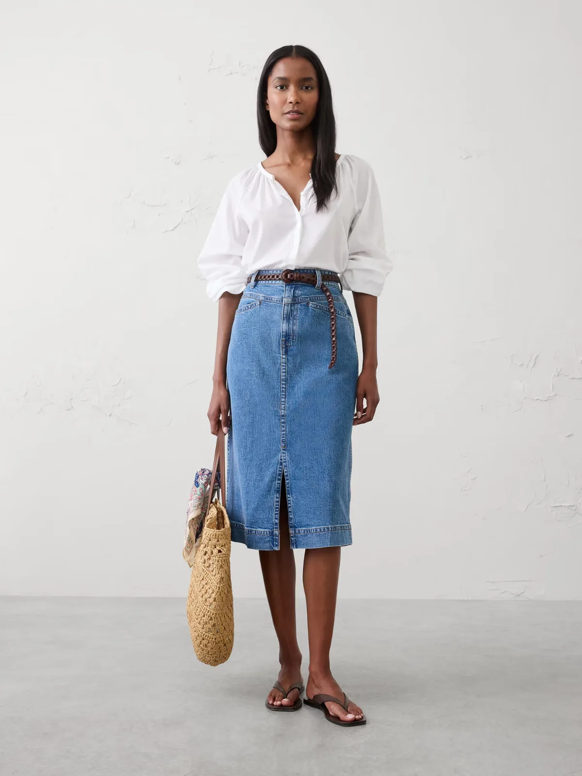 Denim Slit-Front Midi Skirt by Banana Republic