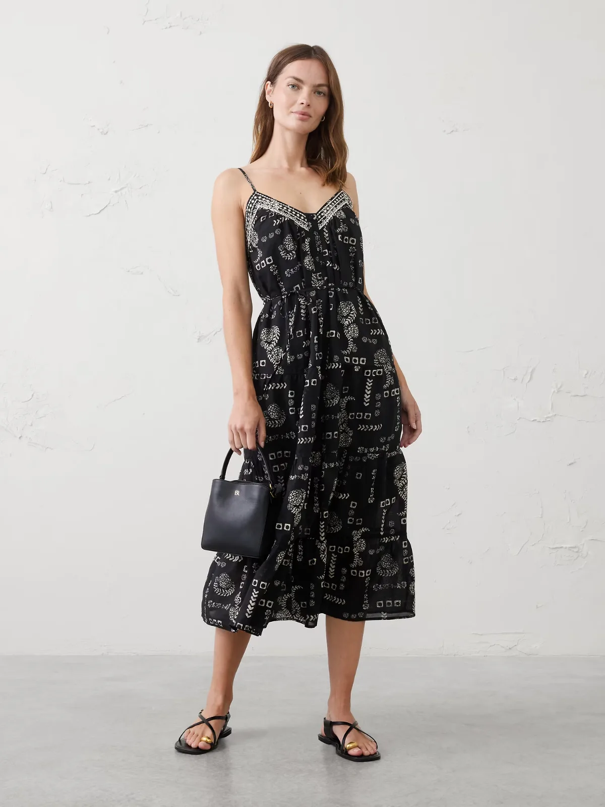 Strappy Embroidered Tiered Midi Dress
