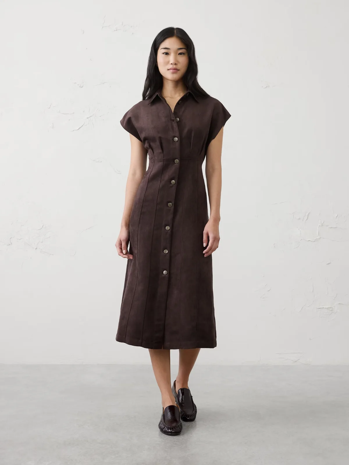 Vegan Suede Seamed Midi Shirtdress