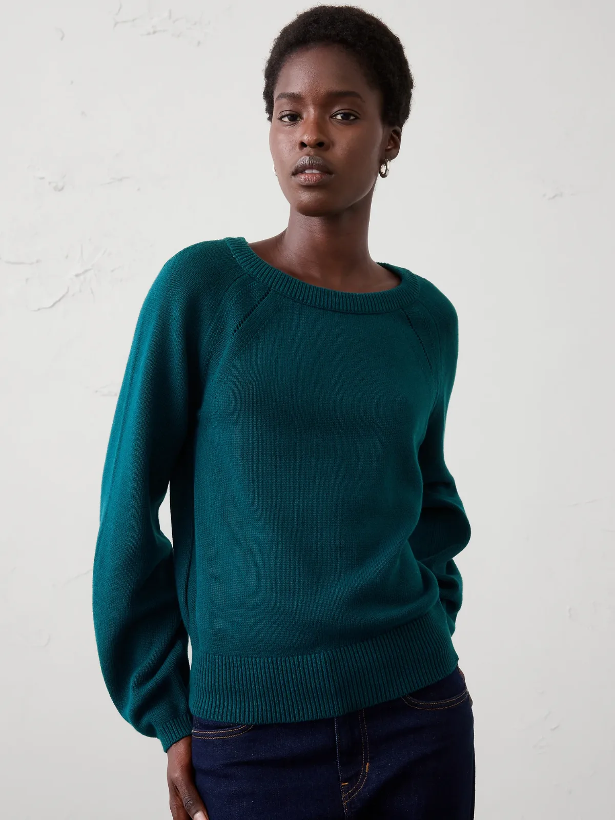 Cotton Pointelle Volume-Sleeve Sweater by Banana Republic