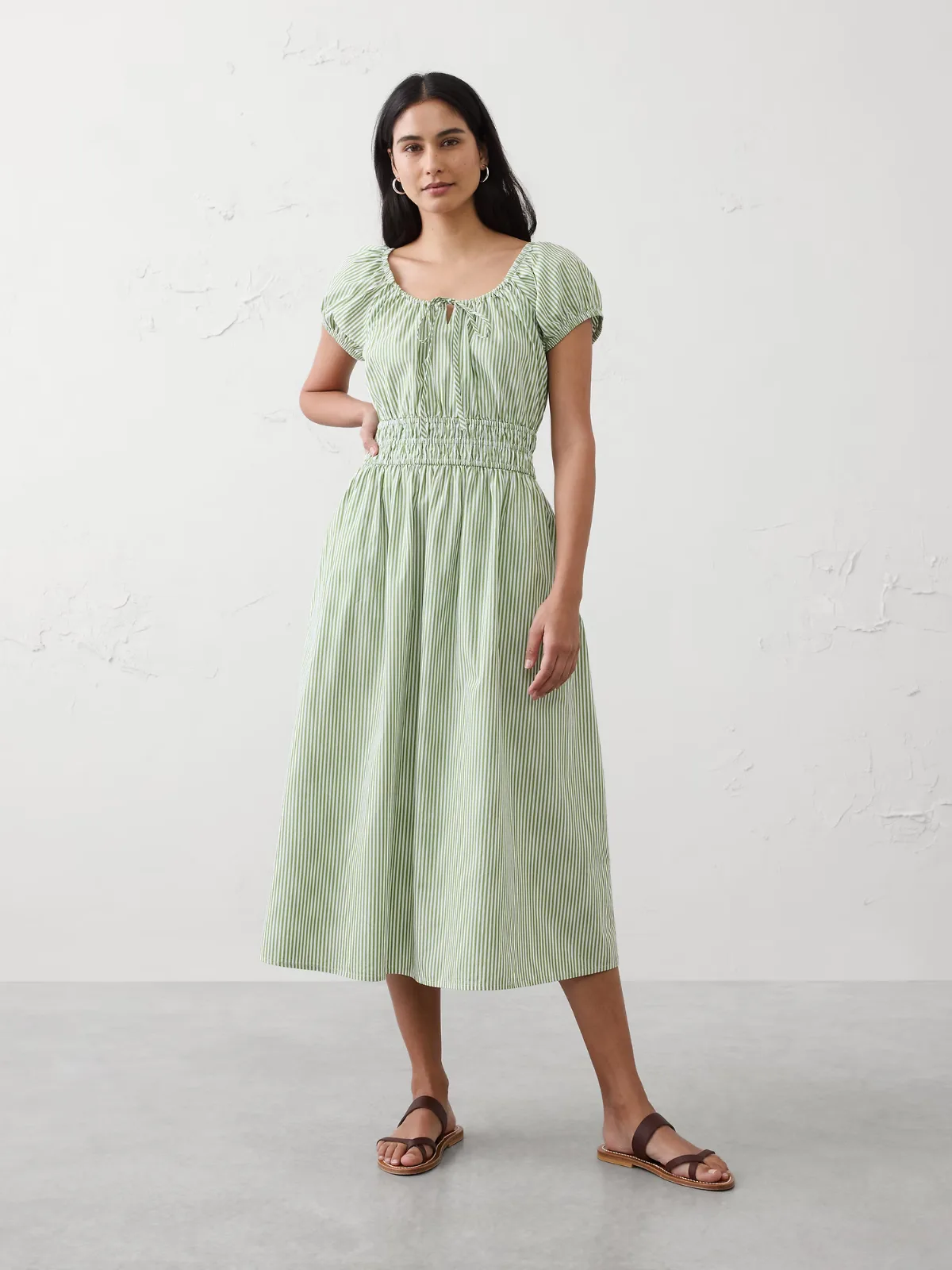 Poplin Gathered-Neck Midi Dress by Banana Republic