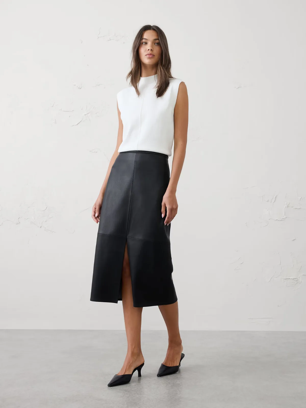 Vegan Leather Seamed Midi Skirt by Banana Republic