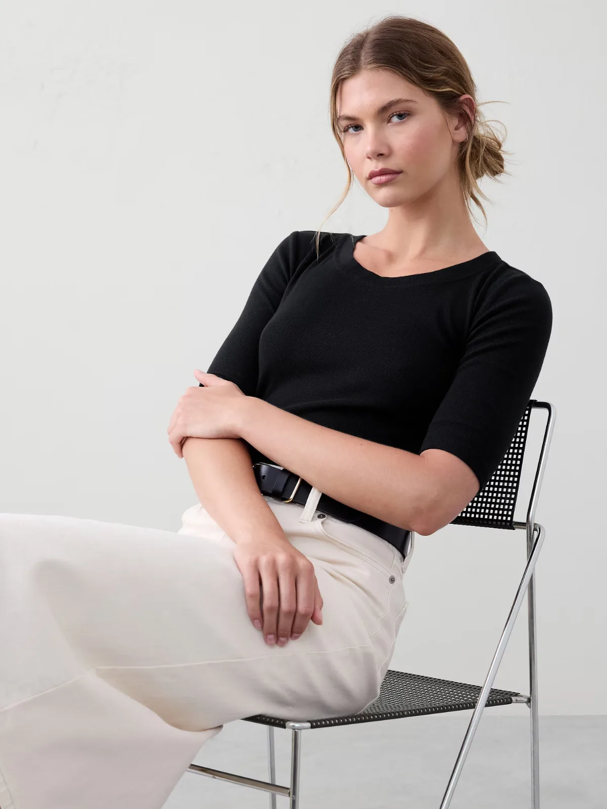 Ribbed Elbow-Sleeve T-Shirt by Banana Republic