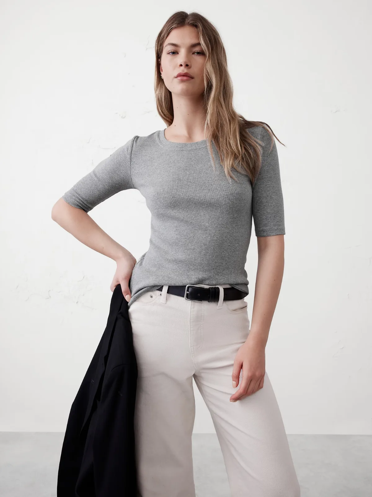 Ribbed Elbow-Sleeve T-Shirt by Banana Republic