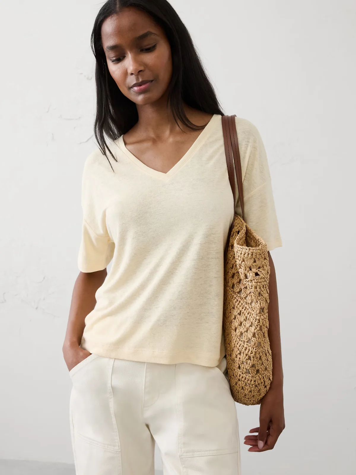 Linen-Blend V-Neck Shirt by Banana Republic