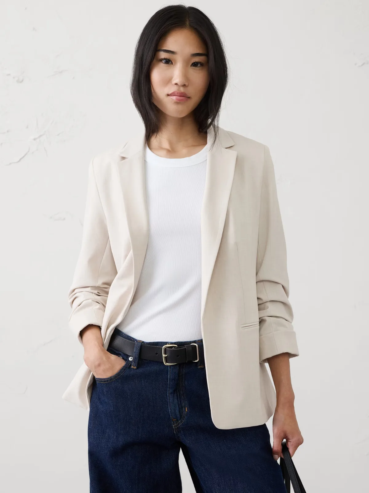 Sculpted Stretch Ruched-Sleeve Blazer