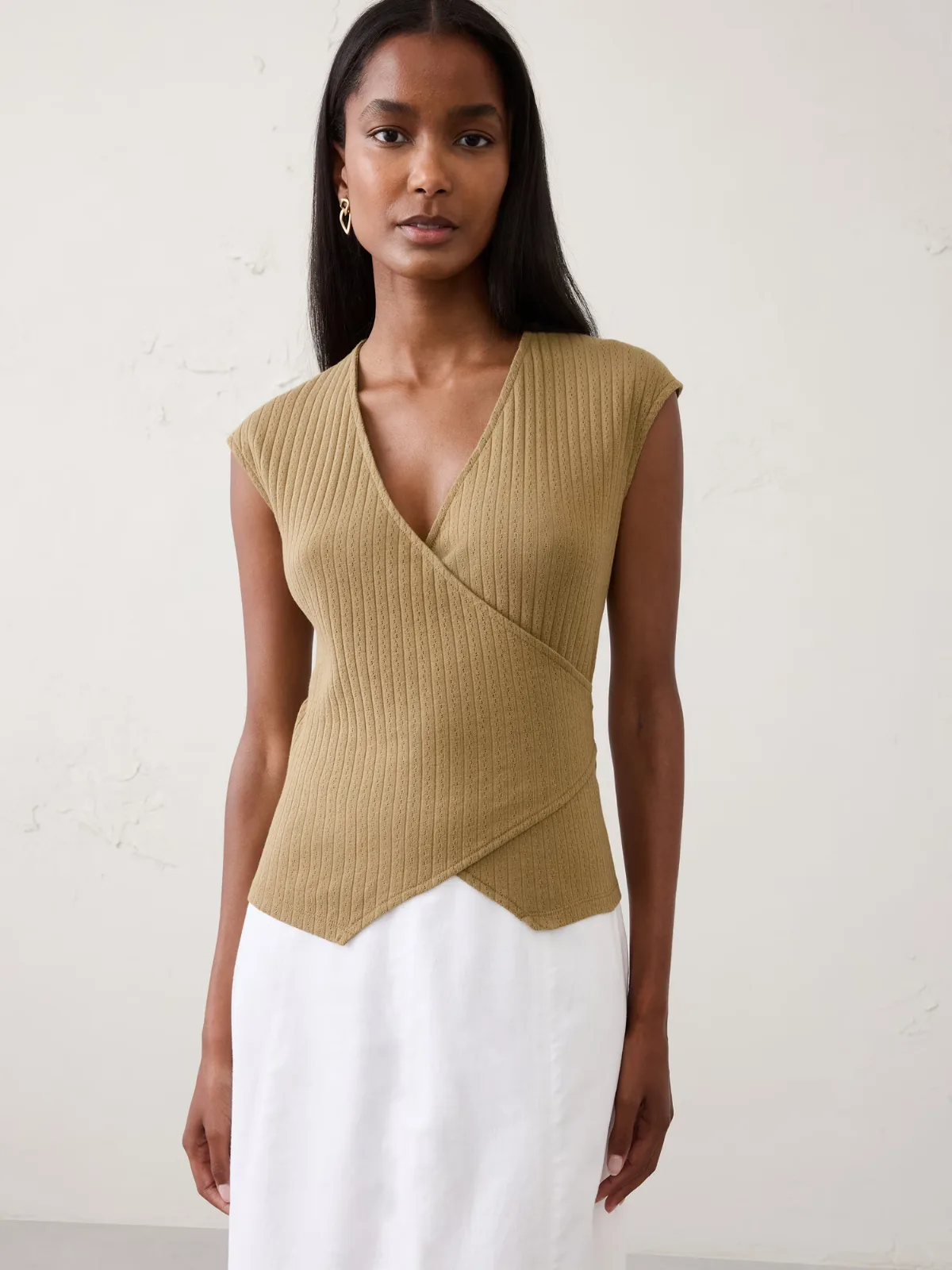 Pointelle Ribbed Wrap-Front Top by Banana Republic
