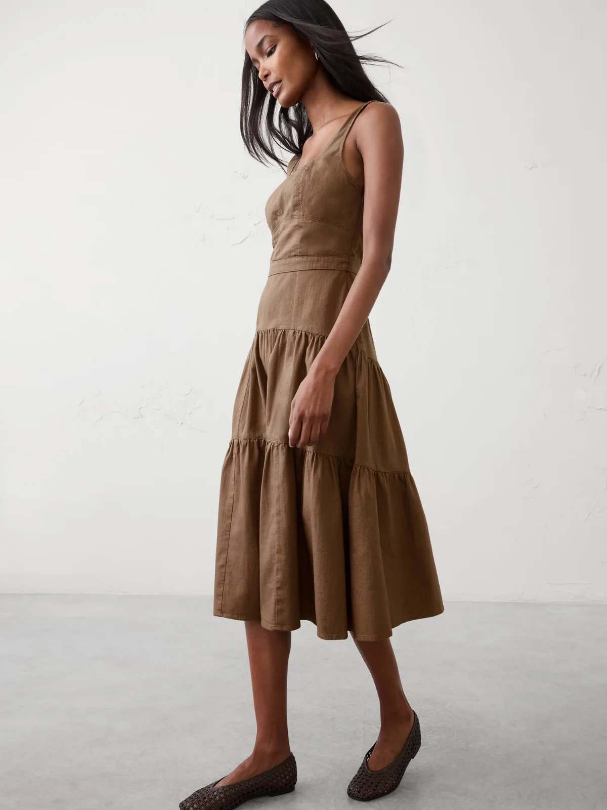 Square-Neck Tiered Denim Midi Dress by Banana Republic