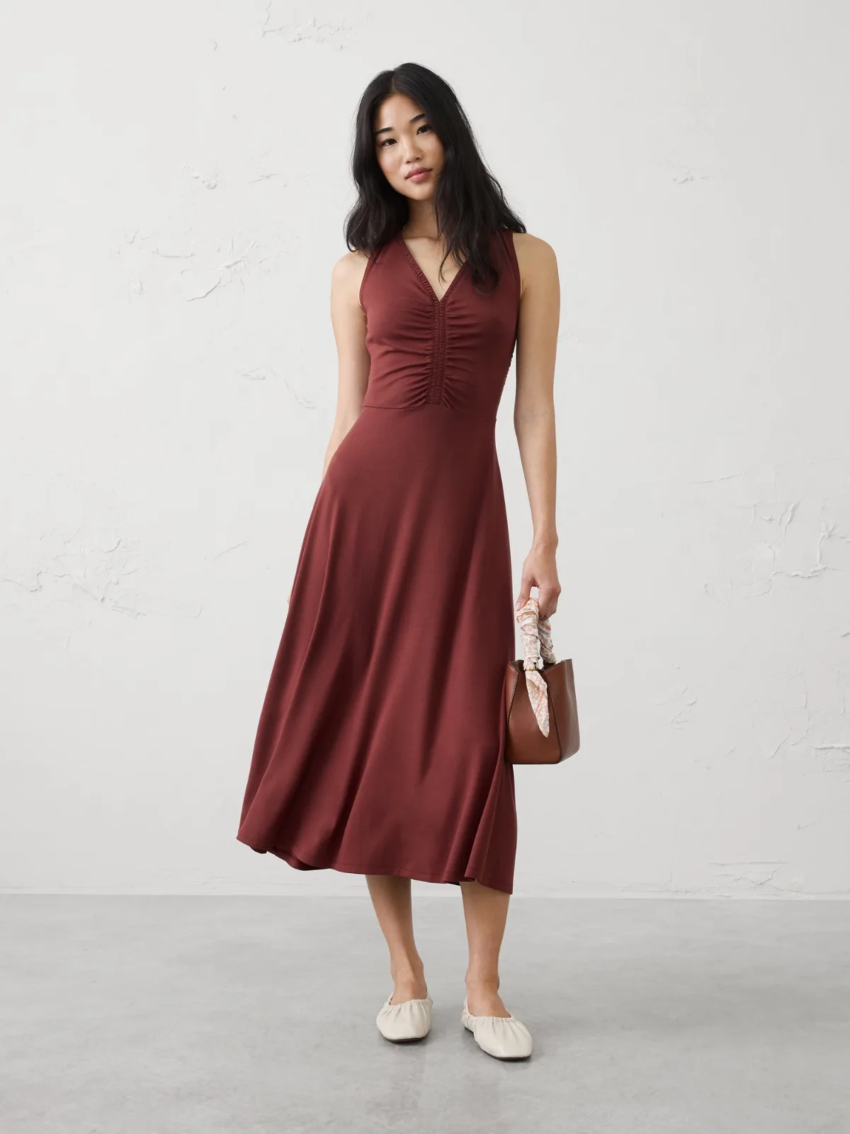 Shirred V-Neck Midi Dress by Banana Republic