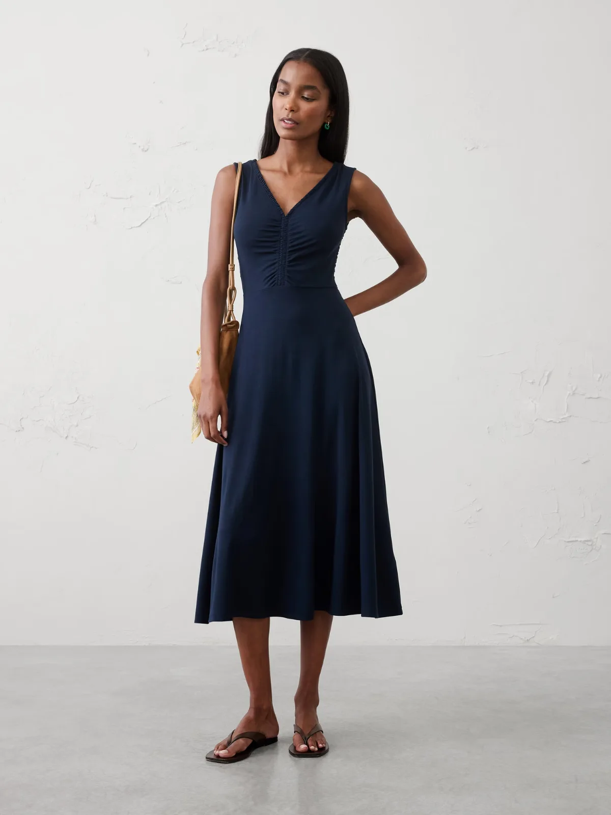Shirred V-Neck Midi Dress