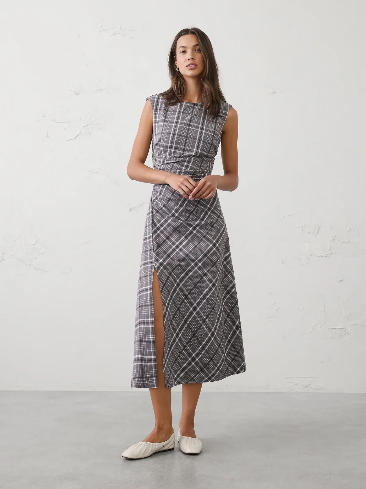 High-Neck Draped Midi Dress