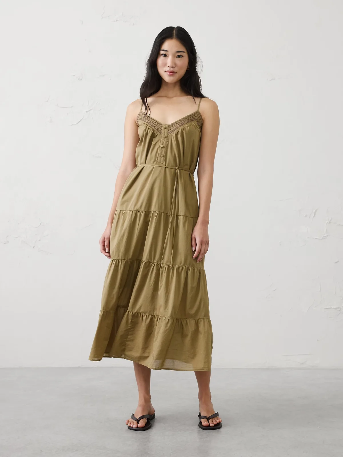 Strappy Embroidered Tiered Midi Dress