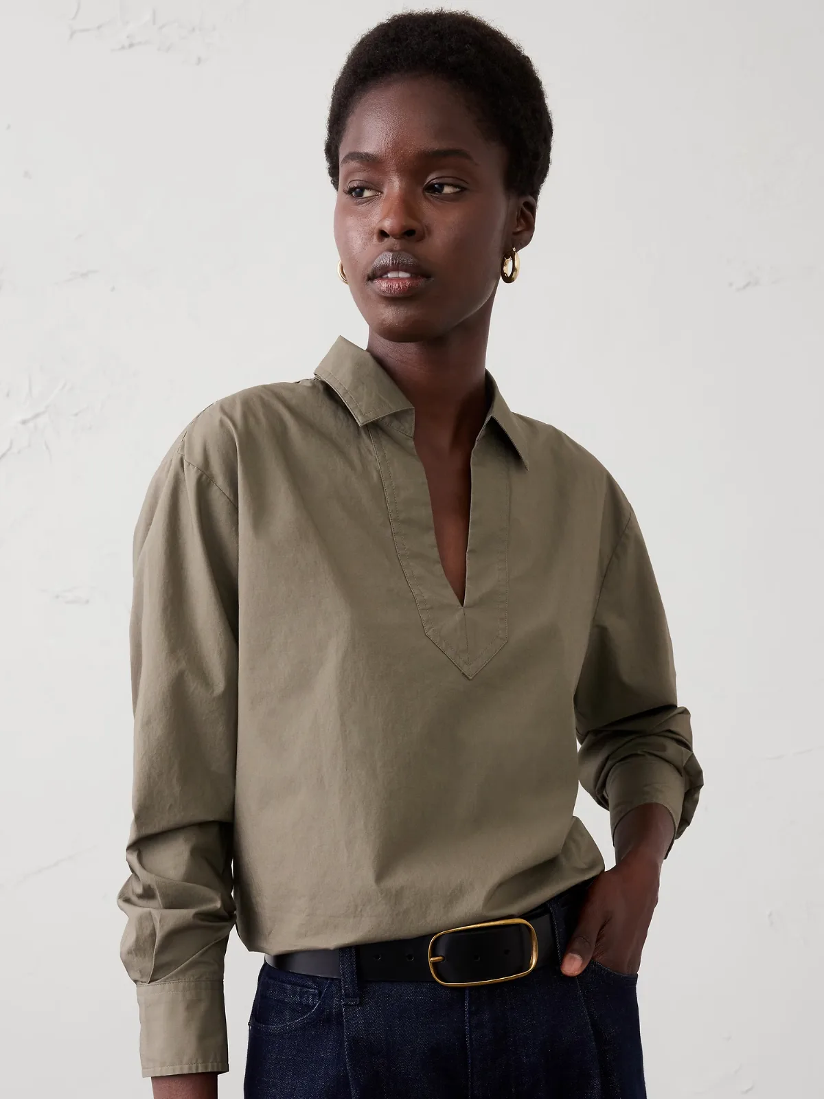 Cotton Collar-Neck Tunic Top by Banana Republic