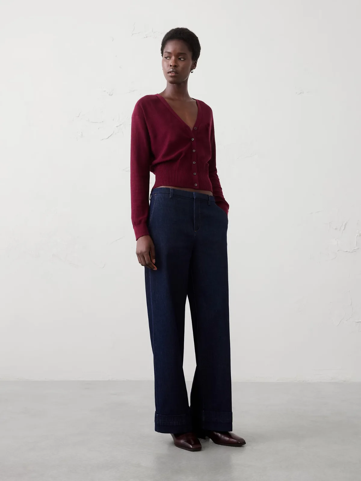 Merino Wool V-Neck Cropped Cardigan Sweater