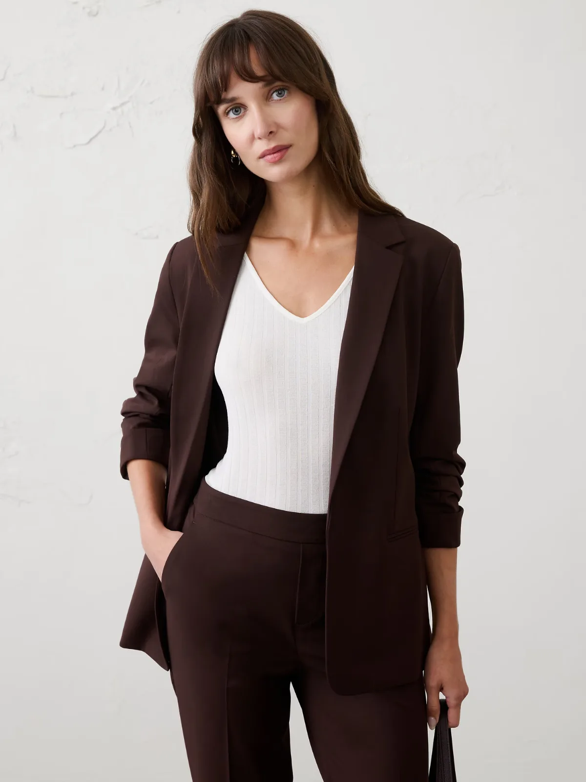 Sculpted Stretch Ruched-Sleeve Blazer