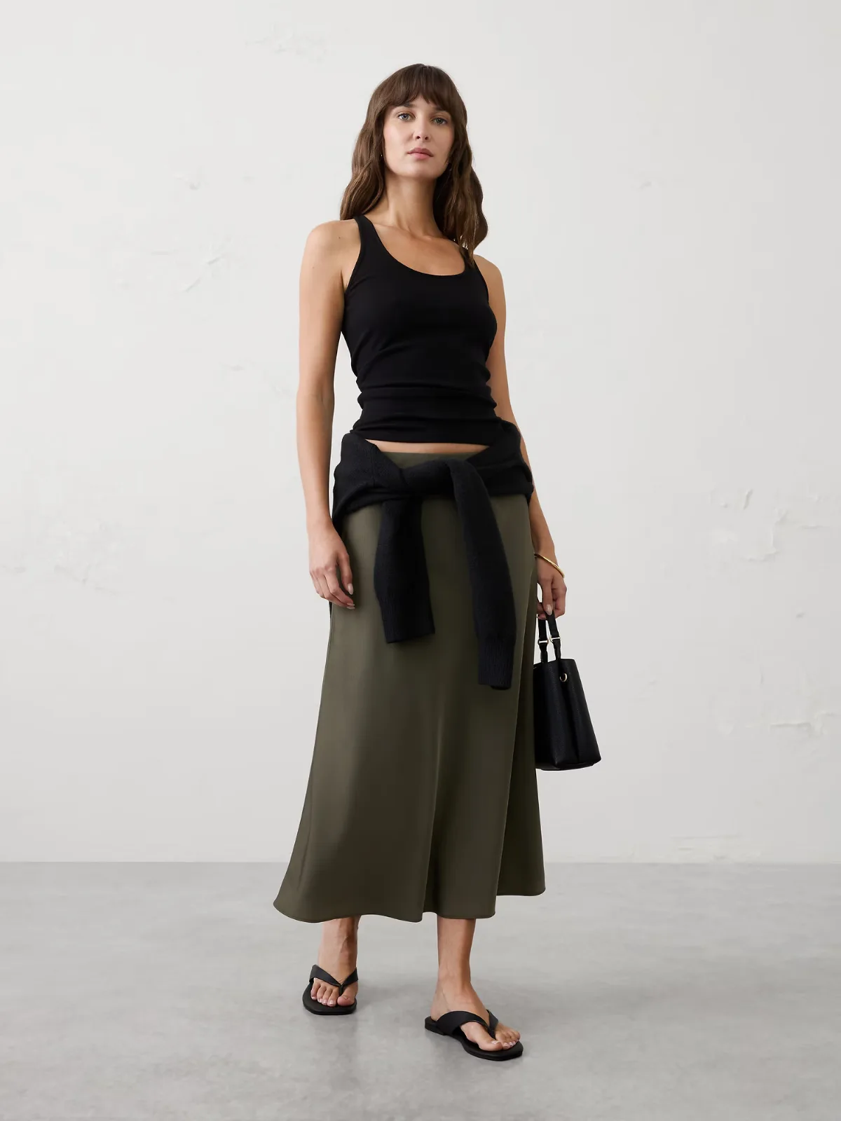 Sheen Twill Pull-On Midi Skirt