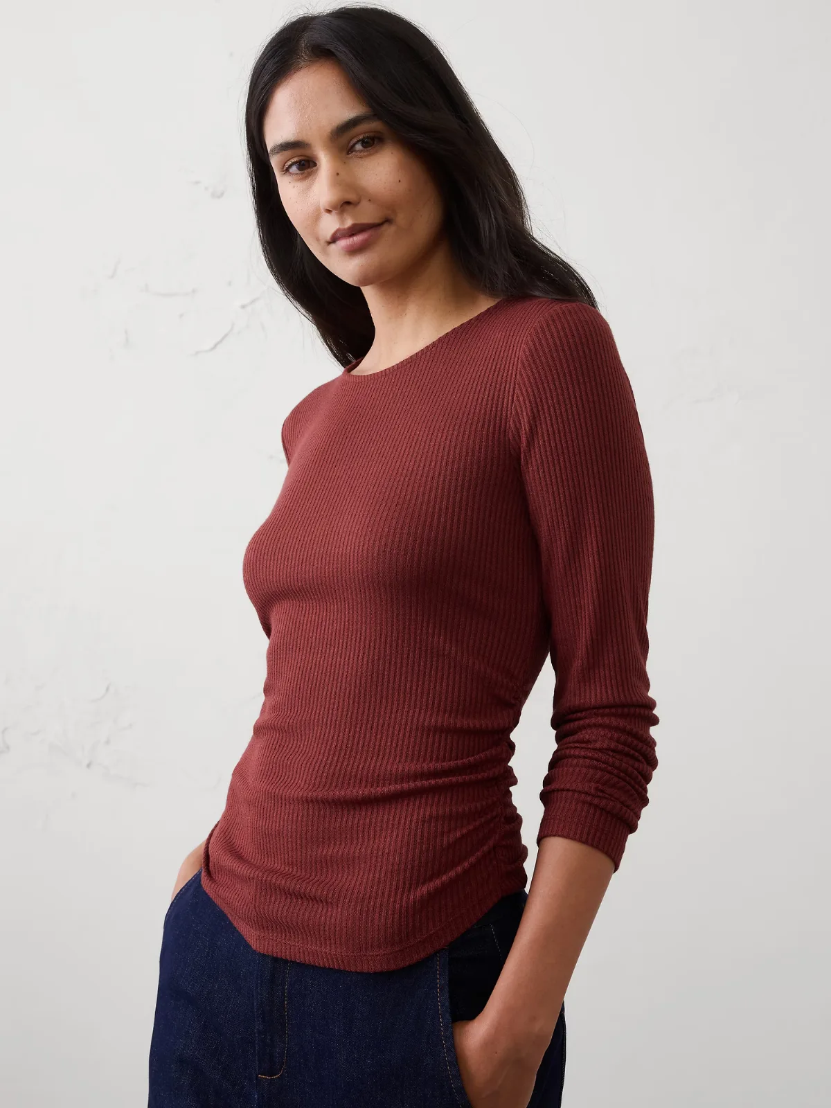 Soft Luxe Ribbed Shirred-Waist Top