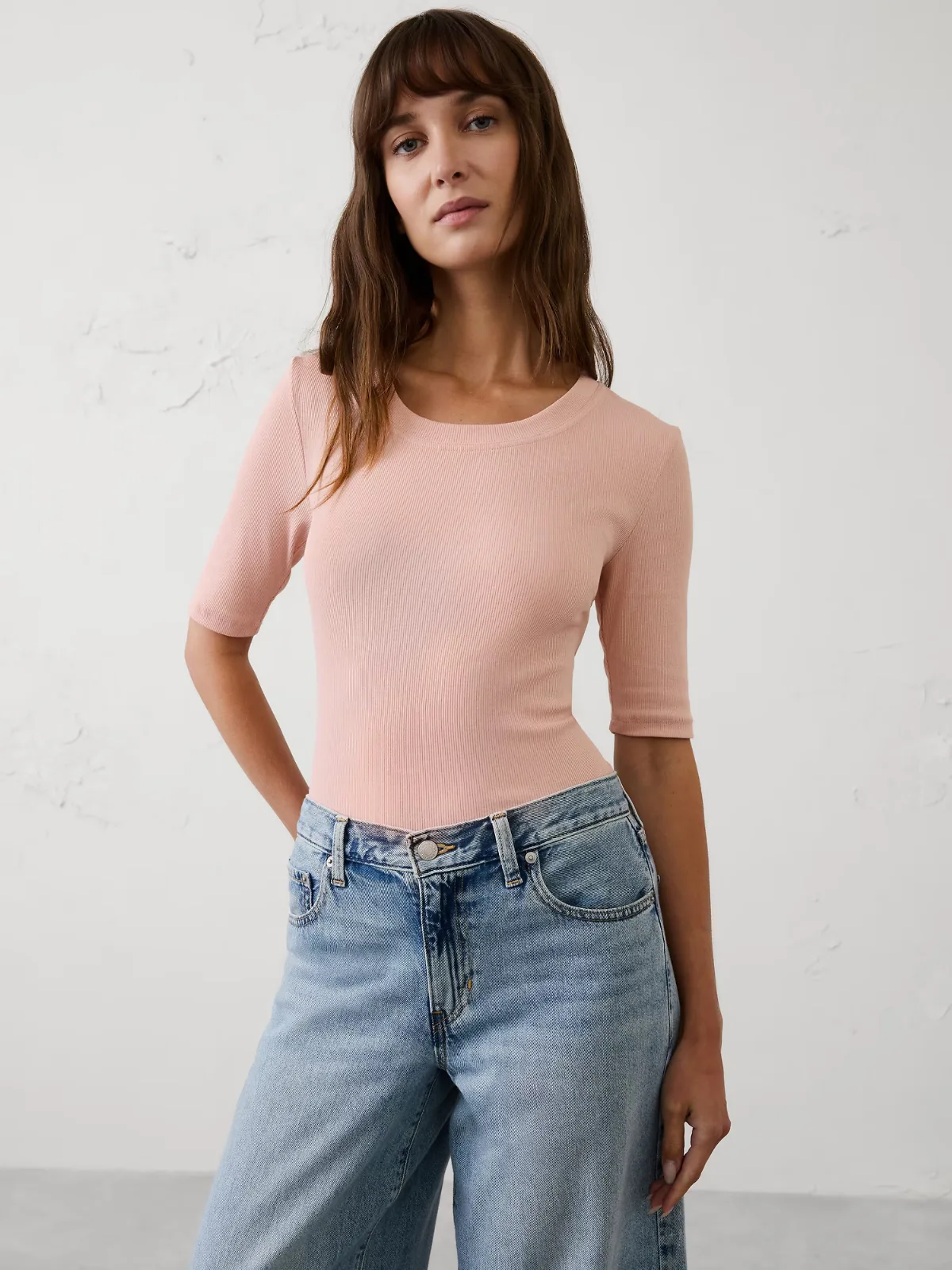 Ribbed Elbow-Sleeve T-Shirt