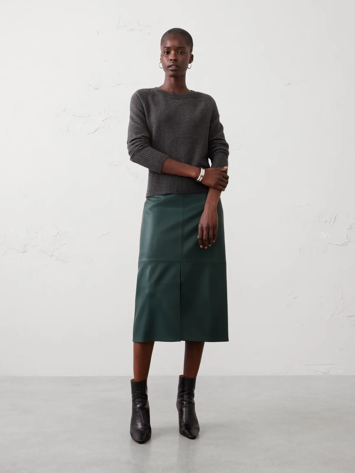 Vegan Leather Seamed Midi Skirt
