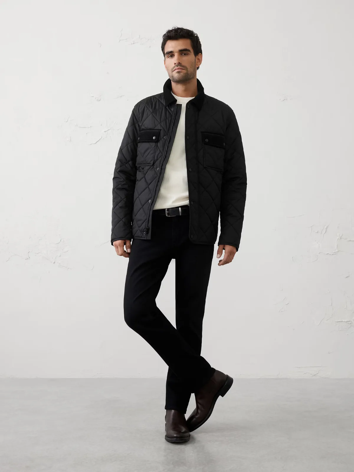 Corduroy-Collar Quilted Jacket