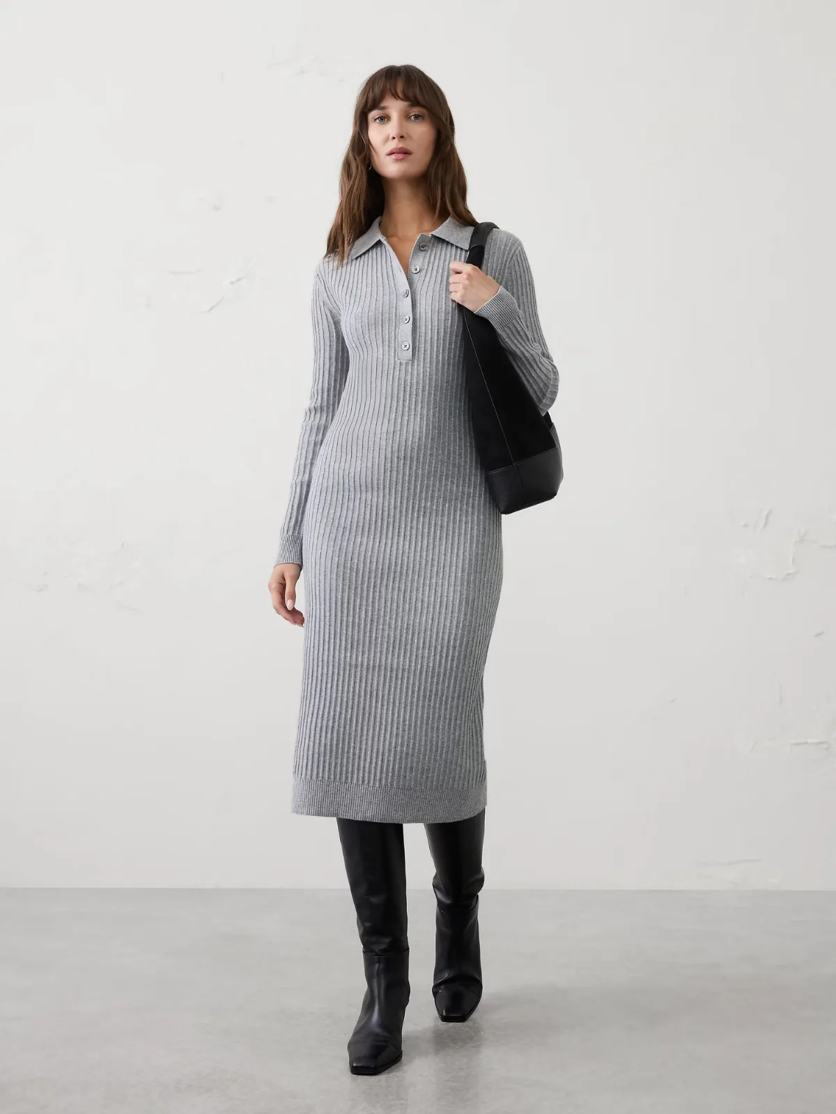 Ribbed Polo Midi Sweater Dress