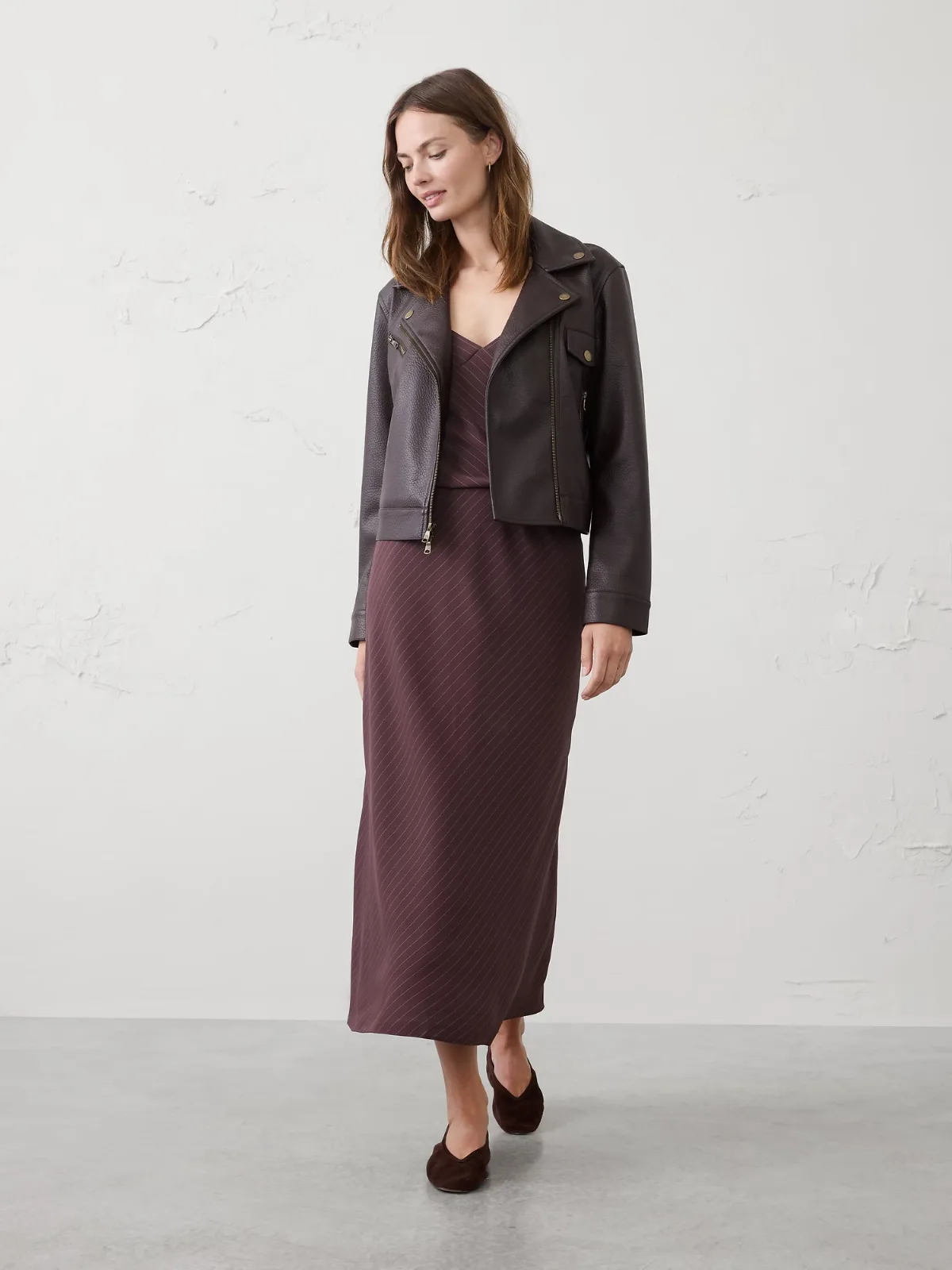 Crepe Pinstripe Pull-On Midi Skirt