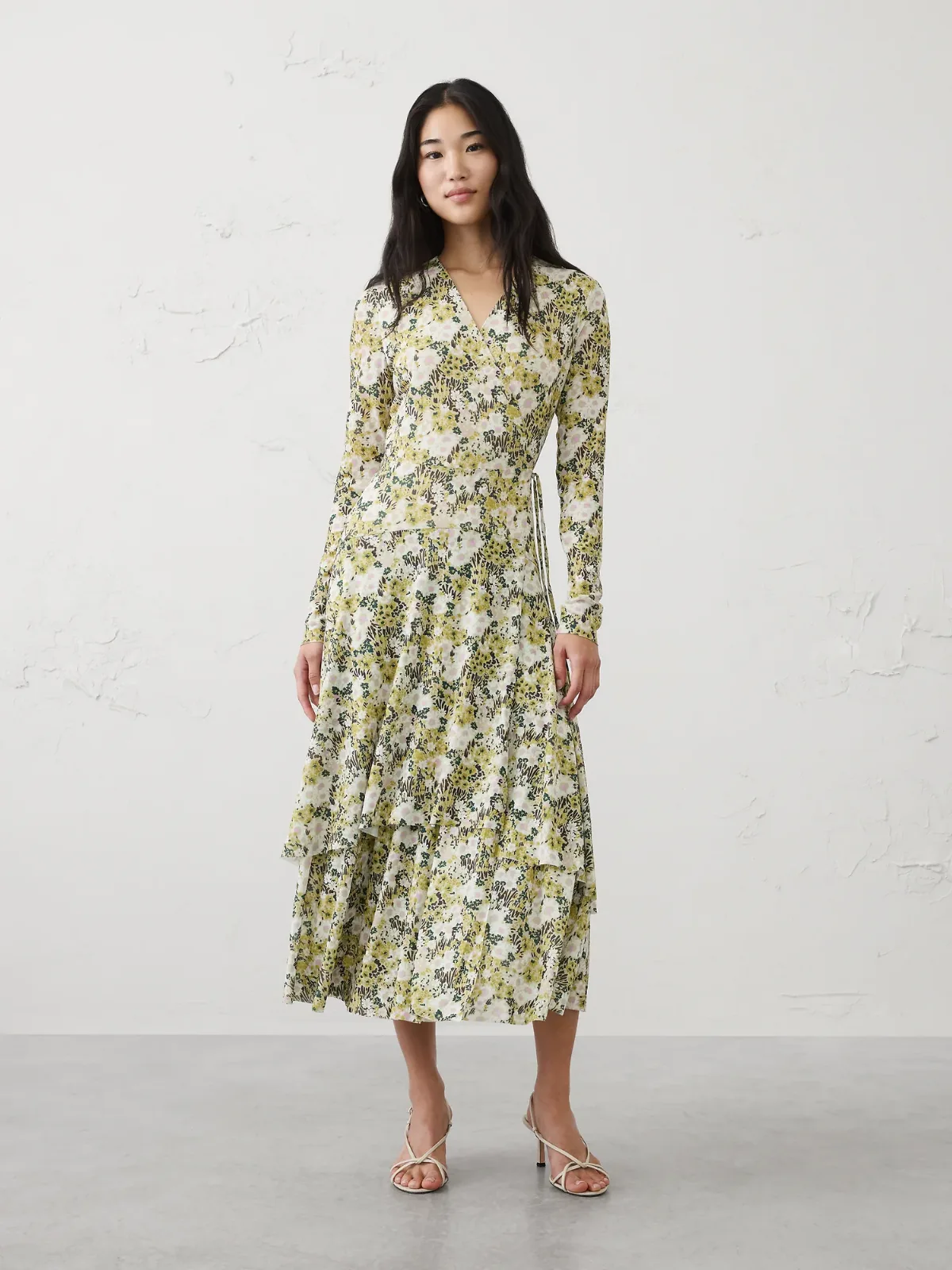 Mesh Tiered Wrap Maxi Dress
