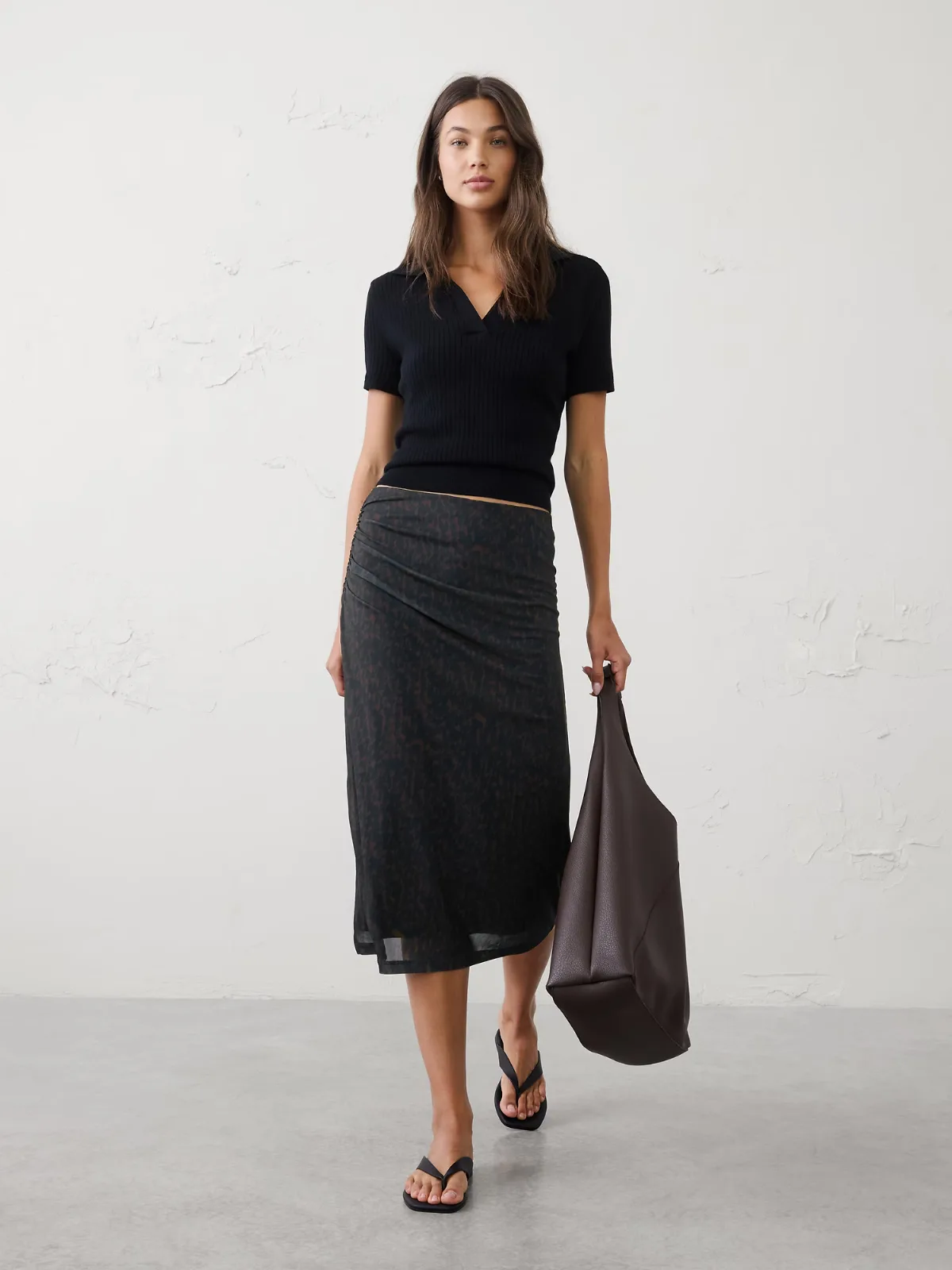 Mesh Side-Shirred Midi Skirt by Banana Republic