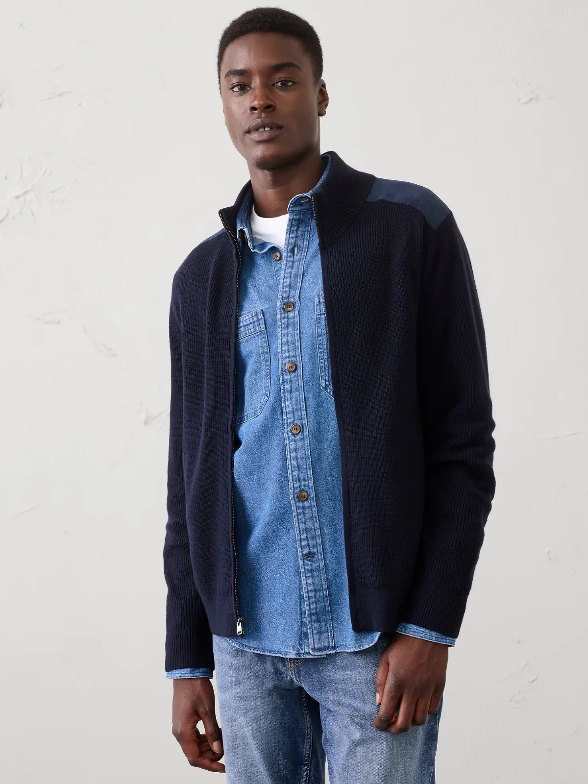 Vegan Suede Patch Sweater Jacket