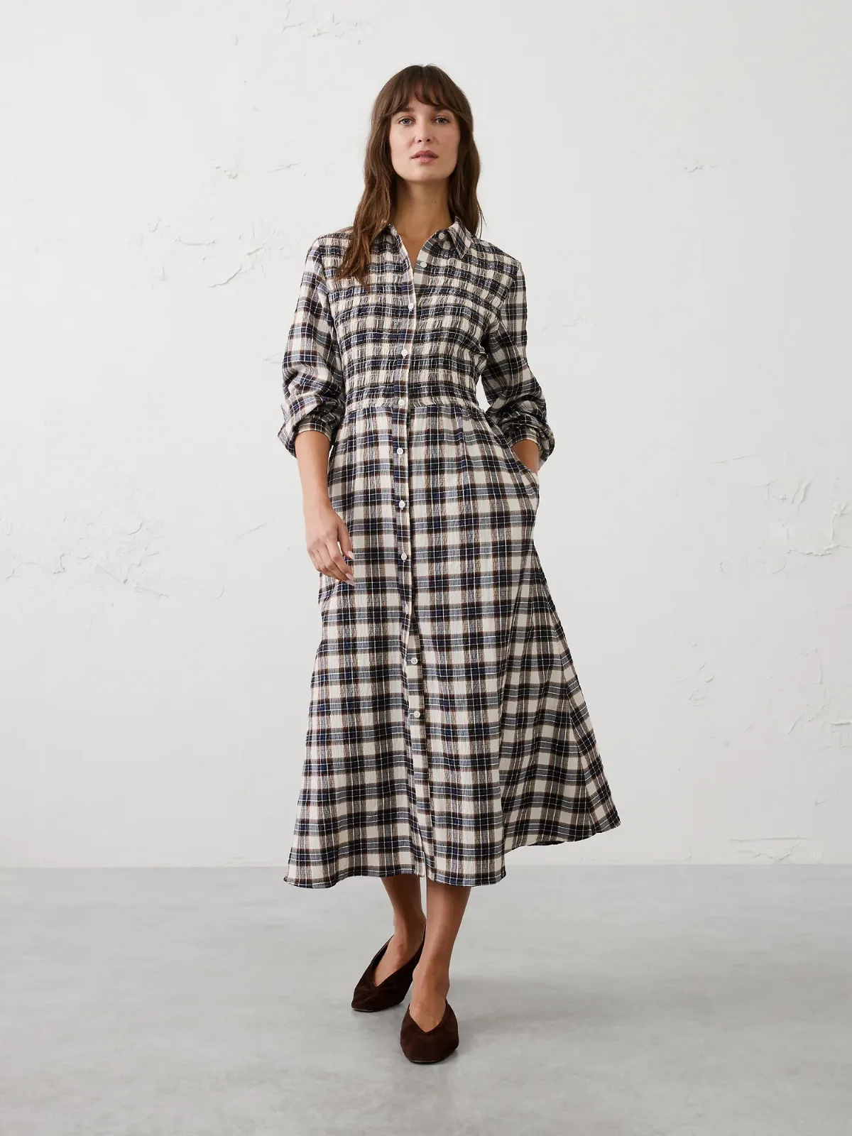 Breezy Plaid Smocked Midi Dress