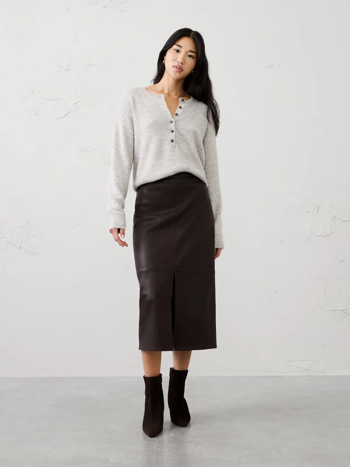 Vegan Leather Seamed Midi Skirt