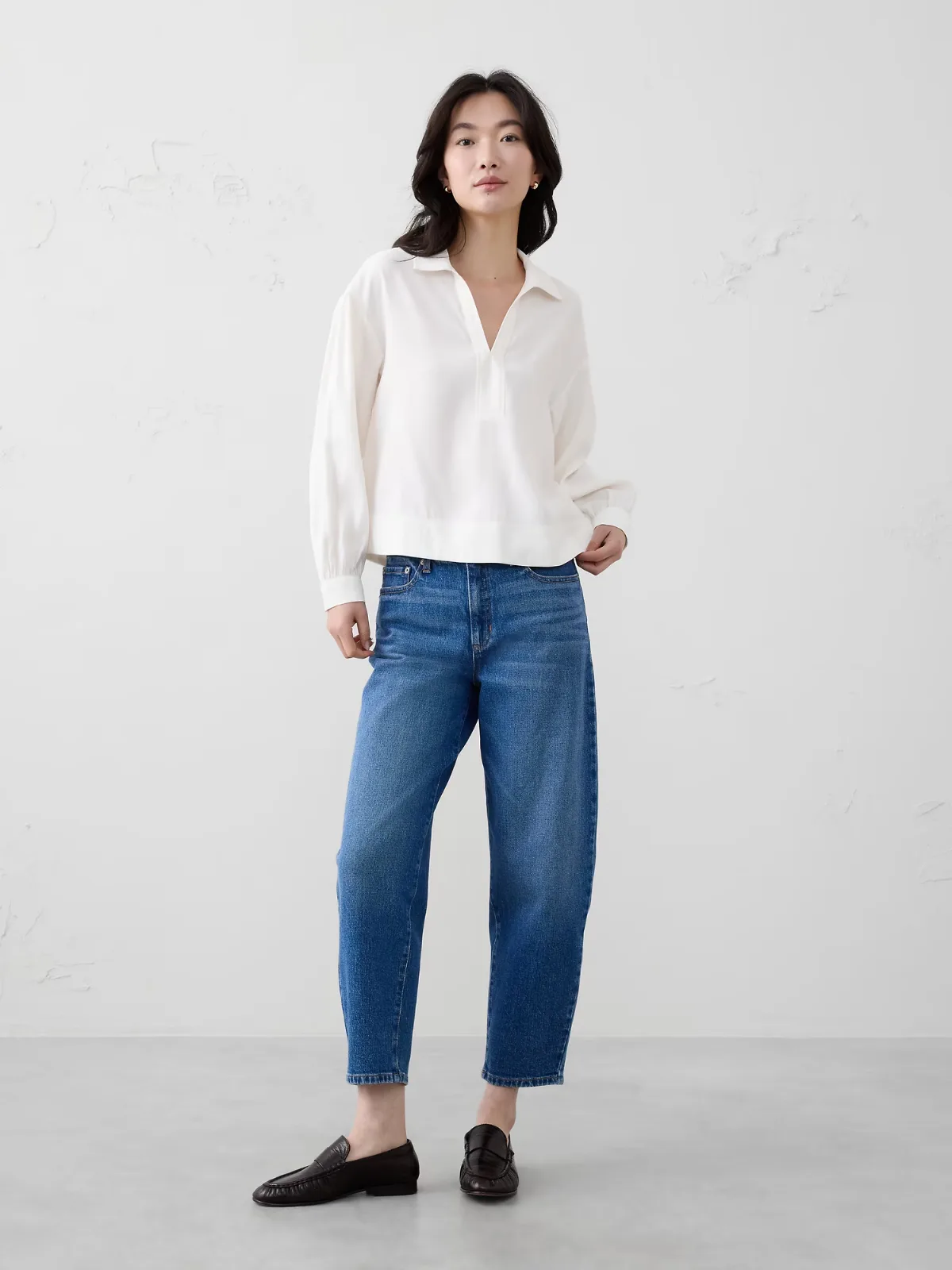 Johnny-Collar Twill Popover Top by Banana Republic