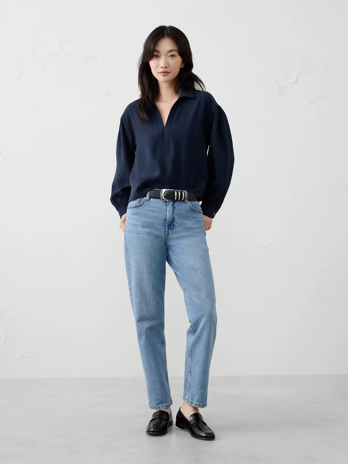 Johnny-Collar Twill Popover Top by Banana Republic