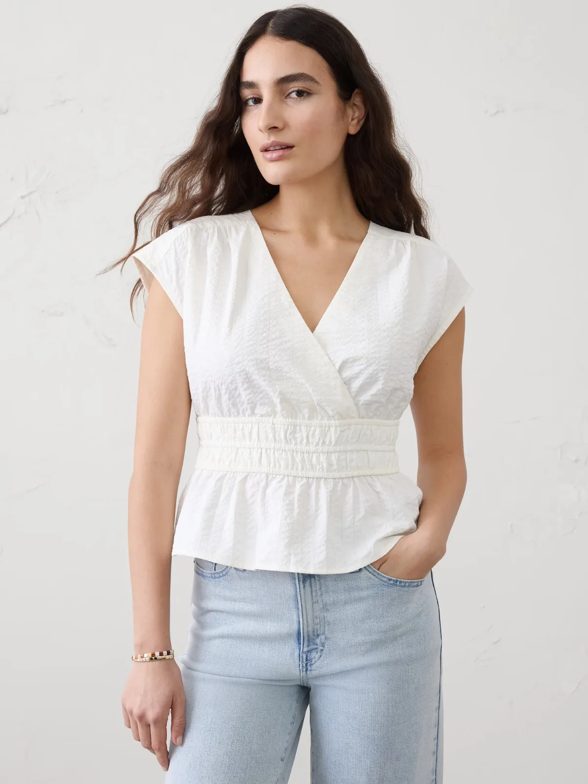 Seersucker Elastic Surplice Top by Banana Republic