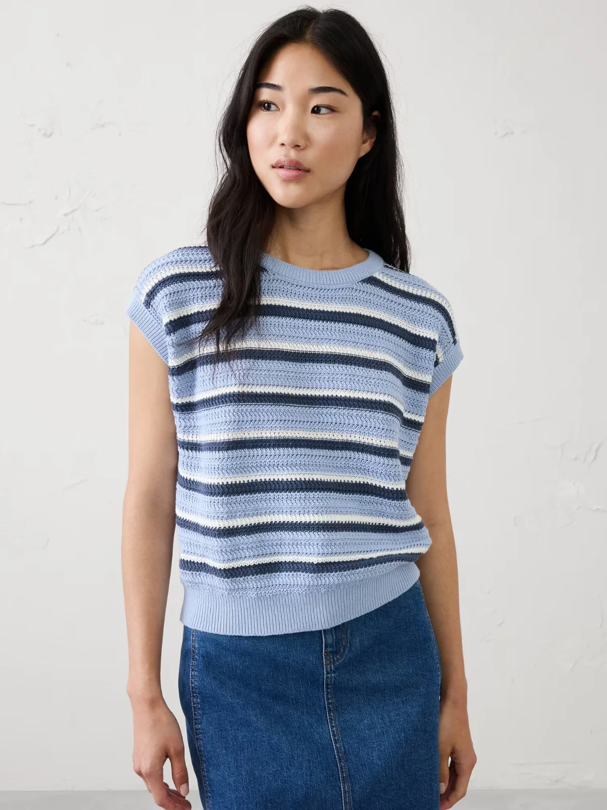 Cotton Striped Textured Cap-Sleeve Sweater by Banana Republic