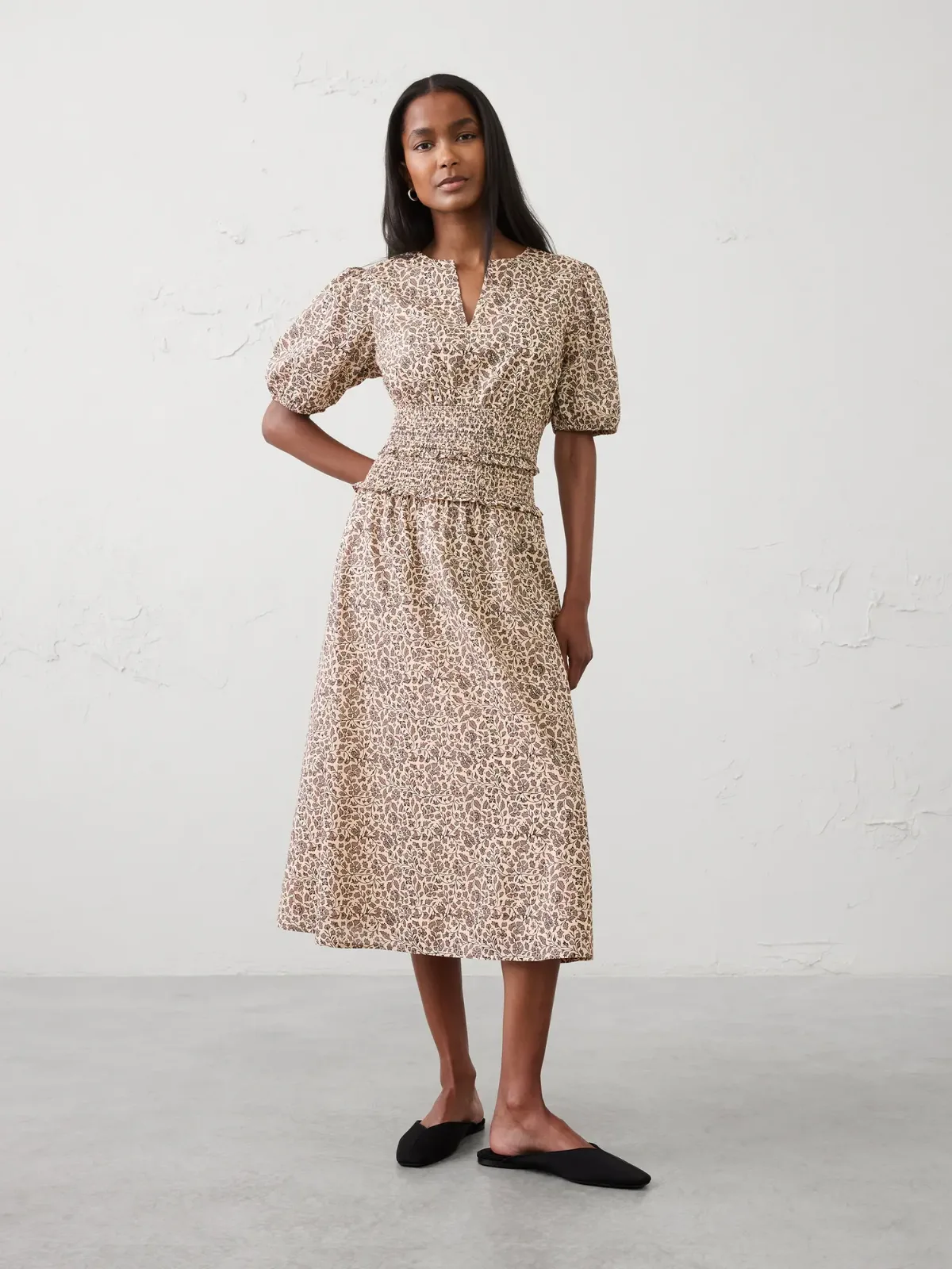 Puff-Sleeve Smocked-Waist Midi Dress by Banana Republic