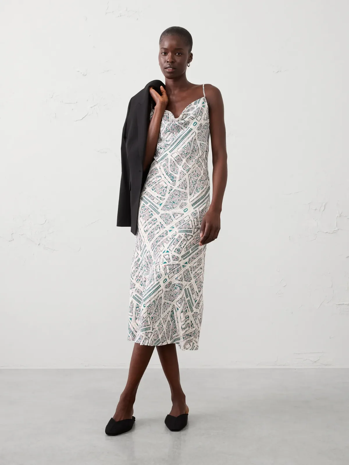 Cowl-Neck Map Print Midi Dress by Banana Republic