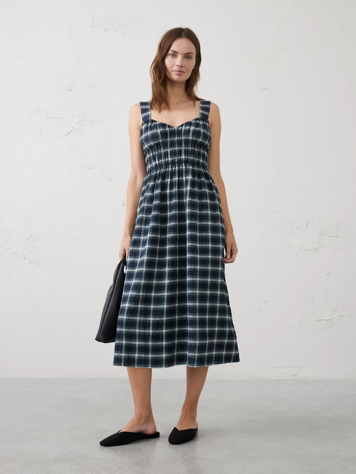 Shirred-Bust Empire-Waist Midi Dress