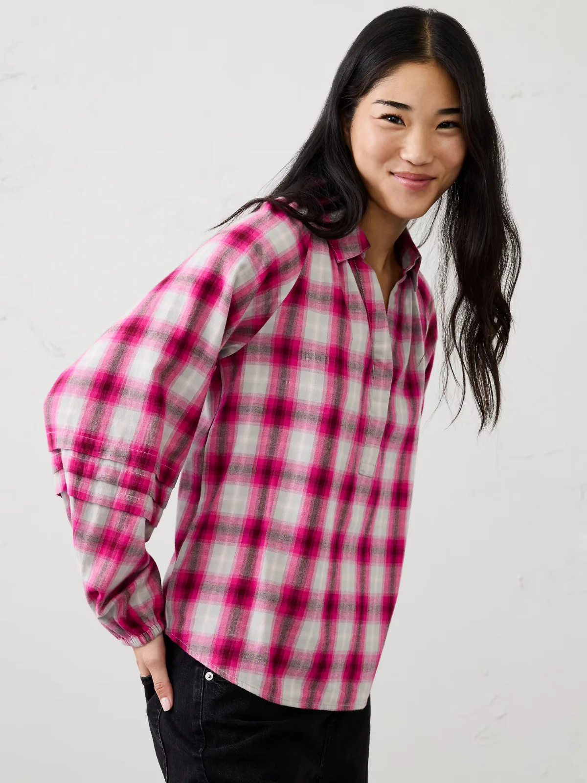 Flannel Pleat-Sleeve Top by Banana Republic