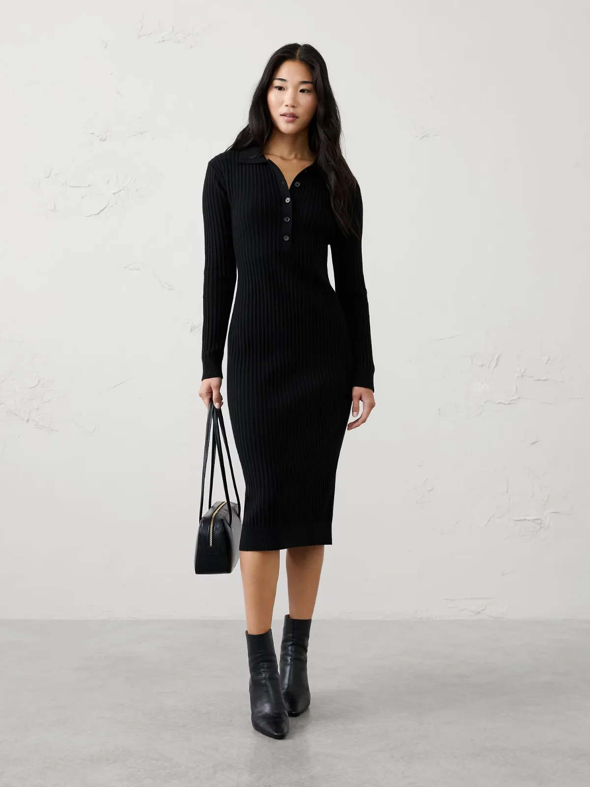 Ribbed Polo Midi Sweater Dress