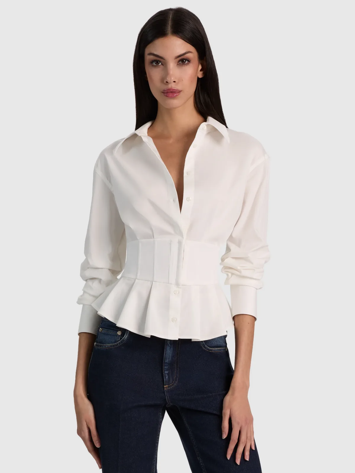 Edie Gathered Corset Button Down Top by Alice + Olivia